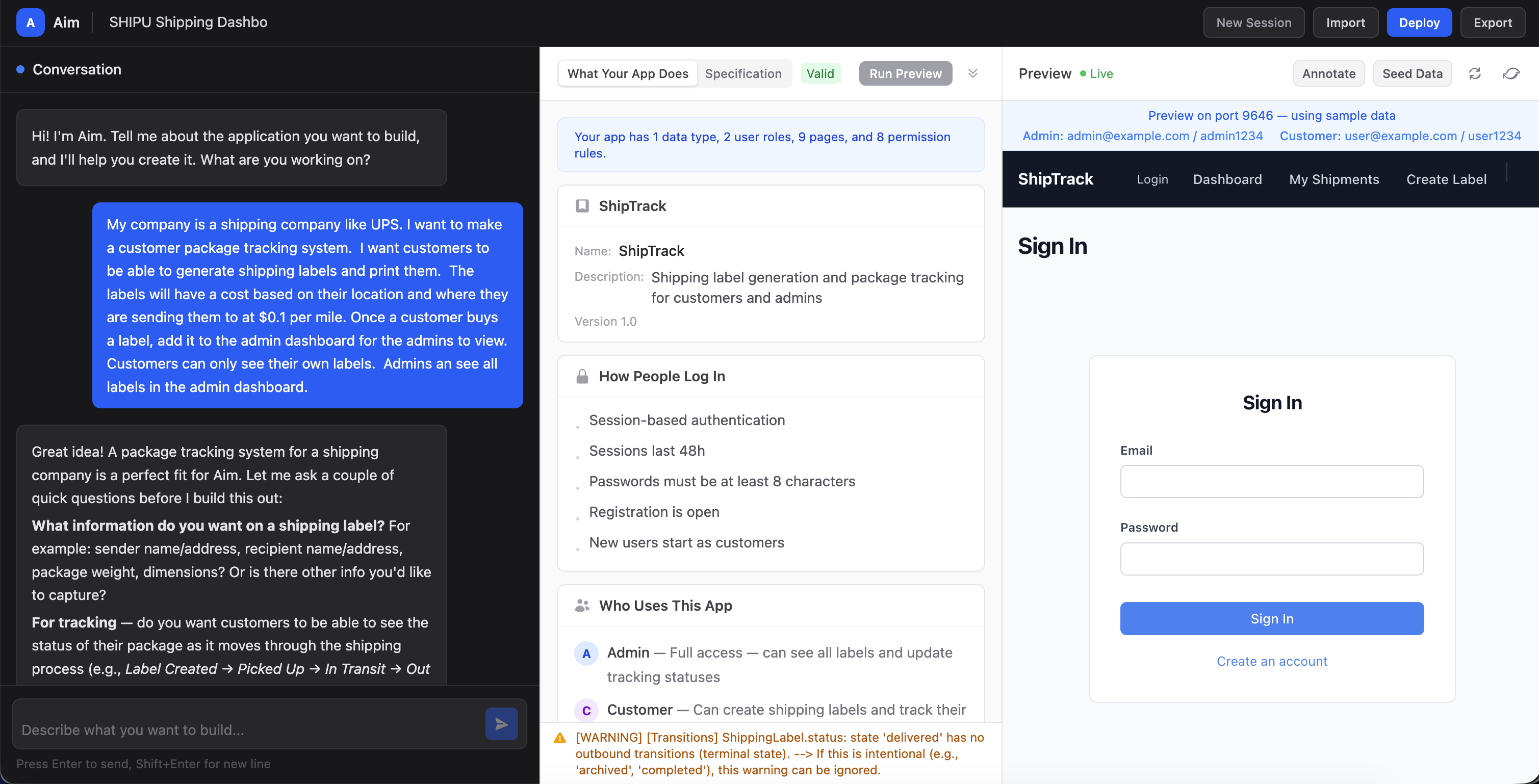 Aim interface showing the human-readable specification view — a structured summary of the application's name, description, authentication, roles, and entities